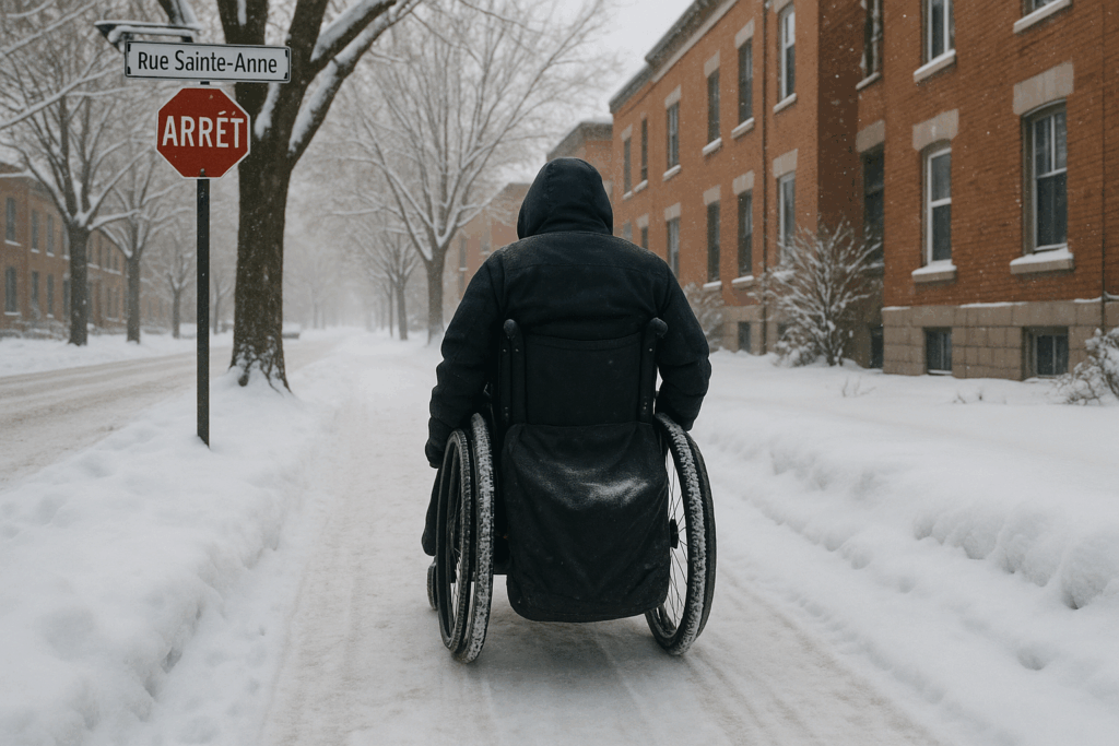 Fauteuil roulant vu de dos circulant sur un trottoir enneigé au Québec, équipé de pneus larges adaptés à l’hiver.
