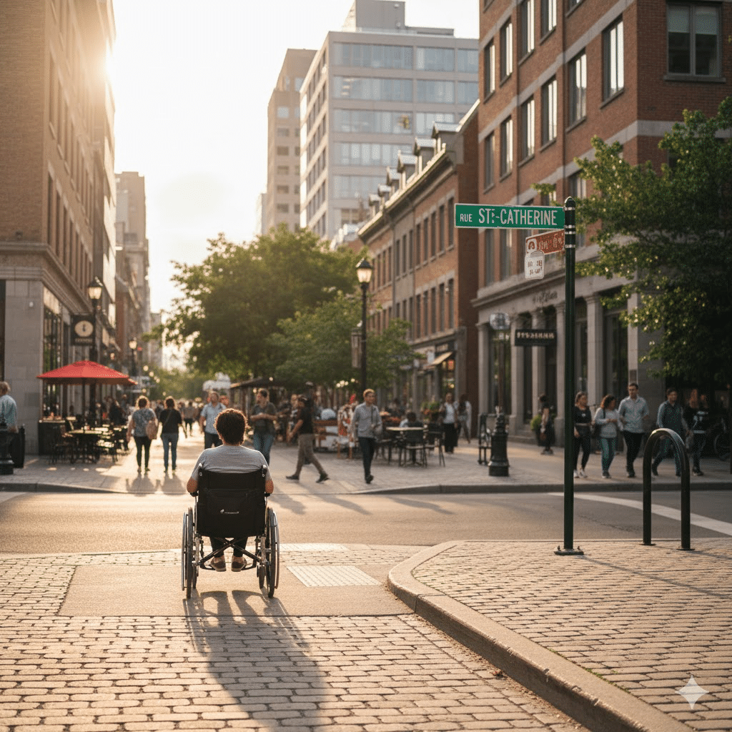 Fauteuil roulant vu de dos circulant sur un trottoir de Montréal, illustrant la mobilité urbaine et l’inclusion au Québec.