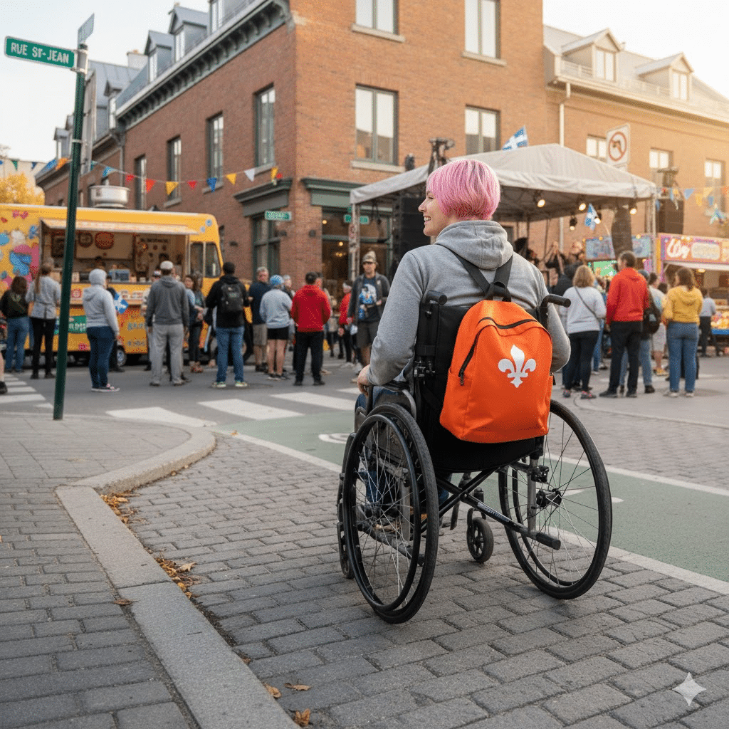Fauteuil roulant vu de dos sur un trottoir urbain au Québec, illustrant un choix adapté à la mobilité et au style de vie.
